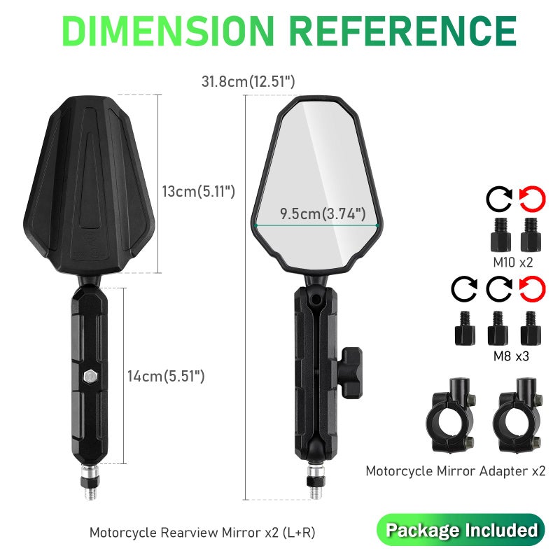 DREAMIZER مرايا دراجة نارية من DREAMIZER Adventure مقاس 8 مم 10 مم مرآة جانبية للدراجة النارية، مرايا رؤية خلفية بمقود عالمي مقاس 7/8 بوصة، مرآة ATV مزدوجة الأسطوانة قابلة للتعديل متوافقة مع Honda CRF Kawasaki Scooter - Image 3